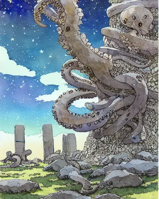 Image similar to a hyperrealist studio ghibli watercolor fantasy concept art. in the foreground is a giant grey octopus building and putting stones in to place on top of stonehenge with a starry sky. by rebecca guay, michael kaluta, charles vess