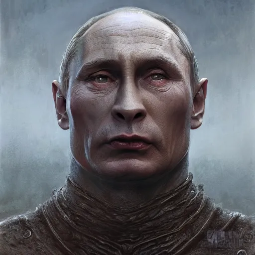 Prompt: vladimir putin, orc uruk - hai, macabre by donato giancola and greg rutkowski and wayne barlow and zdzisław beksinski, realistic face, digital art