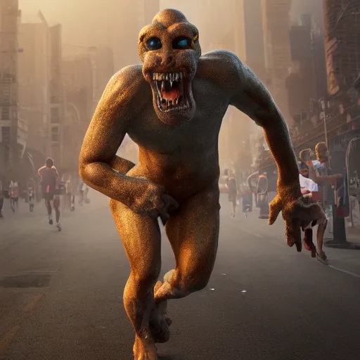 Image similar to HD, strange stock photo of a cyclops monster running a marathon, CGsociety, 3dcg, trending on ArtstationHD, artstation, highly detailed, rendered image