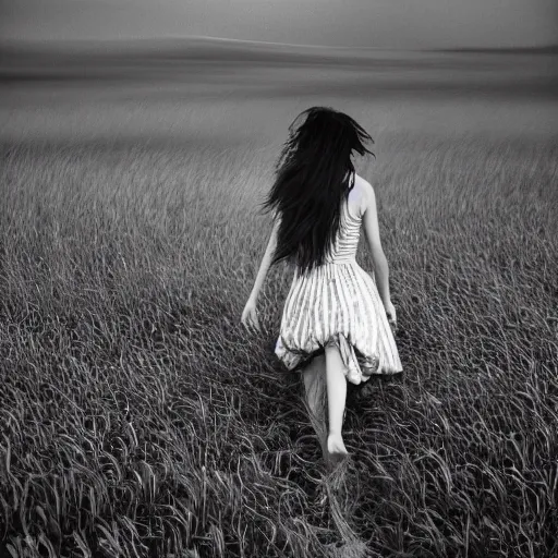 Prompt: of highly detailed black and white large format polaroid peel art film photograph of a barefoot teenage girl with long brown hair running through a field of sea grass wearing a sleeveless floral casual daytime minidress and carrying a large suitcase in her left hand at the blue hour, motion blur on the girl, slow shutter, long exposure, black and white, in the style of francesca woodman