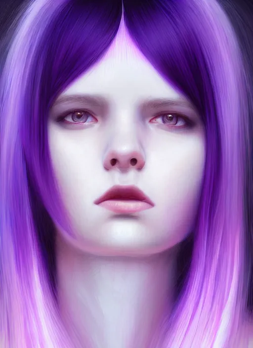 Image similar to hair whitebangs hair, black hair, whitebangs, portrait of teenage girl with white bangs, red irises, purple clothes, white bangs, bangs are different color from hair, intricate, elegant, glowing lights, highly detailed, digital painting, artstation, concept art, smooth, sharp focus, illustration, art by wlop, mars ravelo and greg rutkowski