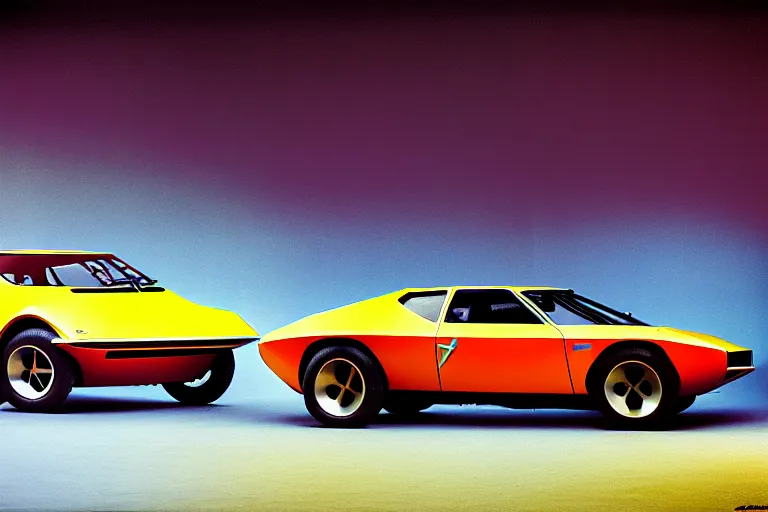 Image similar to designed by giorgetto giugiaro stylized poster of a single 1 9 6 9 amc amx / 3 citroen ds bmw m 1 concept, thick neon lights, ektachrome photograph, volumetric lighting, f 8 aperture, cinematic eastman 5 3 8 4 film