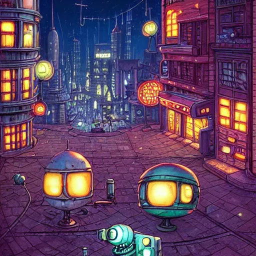 Image similar to fantasycore street view of 1950s machinarium cityscape at night by michael whelan and naomi okubo and dan mumford. cute 1950s robots. cel-shaded. glossy painting.