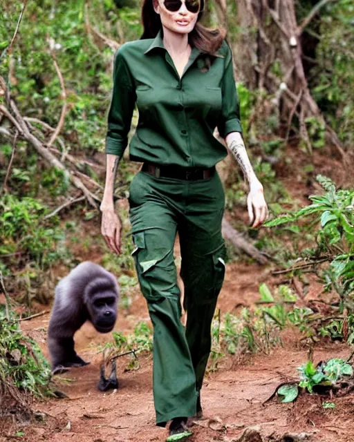 Image similar to angelina jolie wearing a green long sleeved shirt and cargo pants, encounters wild gorillas in the forests of the congo, photographed in the style of national geographic