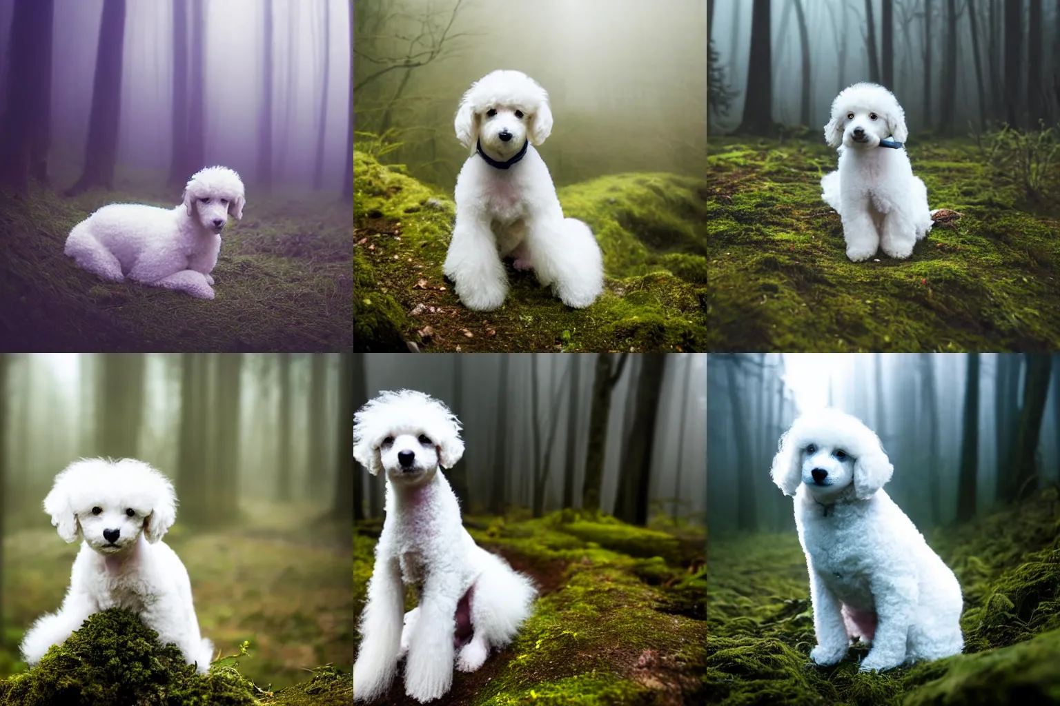 Prompt: high detail photo extreme long shot of a small abandoned white poodle puppy sitting alone in the mossy foggy forest at night, blue moonlight, tilted frame, spooky, atmospheric, hazy, 8k