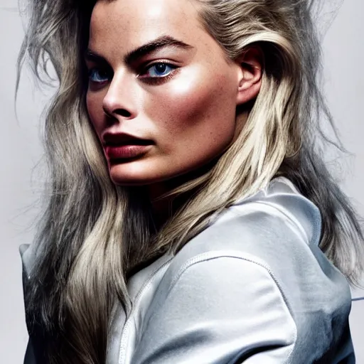 Prompt: face photo of margot robbie as super saiyan powering up long hair wearing hoodie by annie leibovitz