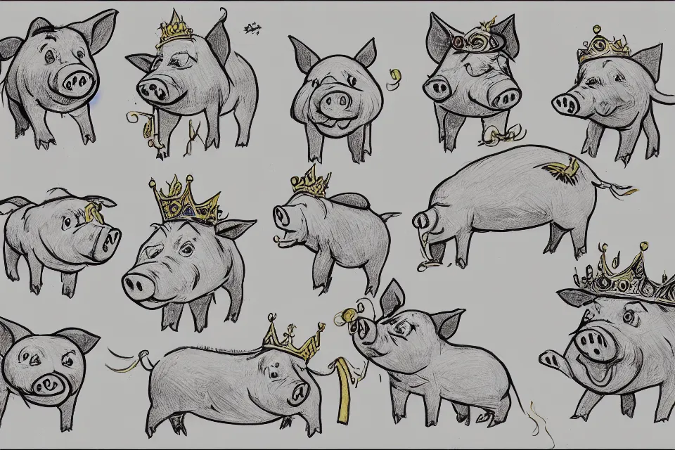Prompt: concept sketches of a pig wearing a gold crown by Bill Watterson, in the style of 1970s cartoons