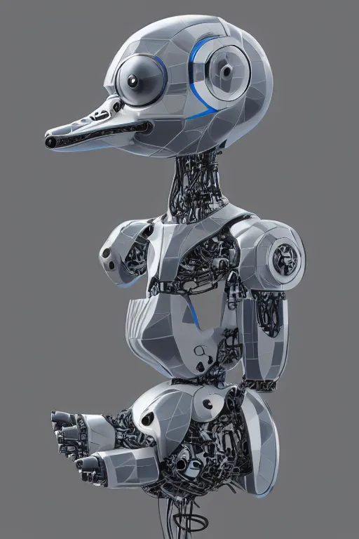 Image similar to robot duck concept portrait, visible screws and wires, 3 d metallic ceramic, detailed, sharp focus, pastel, intricate, realistic, smooth, volumetric lighting, digital painting, by miyazaki