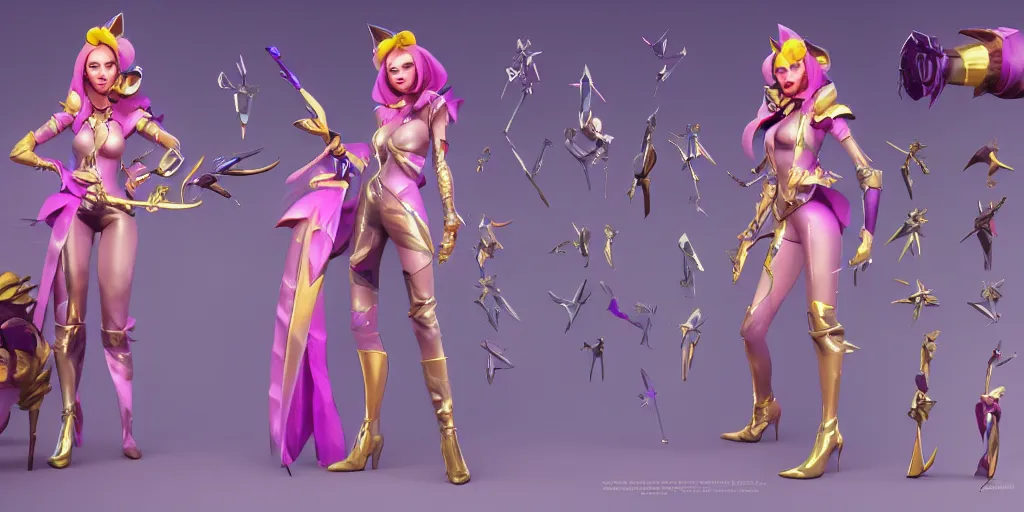 Prompt: character sheet of beautiful KDA More LeBlanc (wild rift). 3d render, octane render, realistic, highly detailed, trending on artstation, 4k, trending on artstation, pixar, cgsociety, unreal engine 5, redshift render, trending on artstation, blender, behance, cg