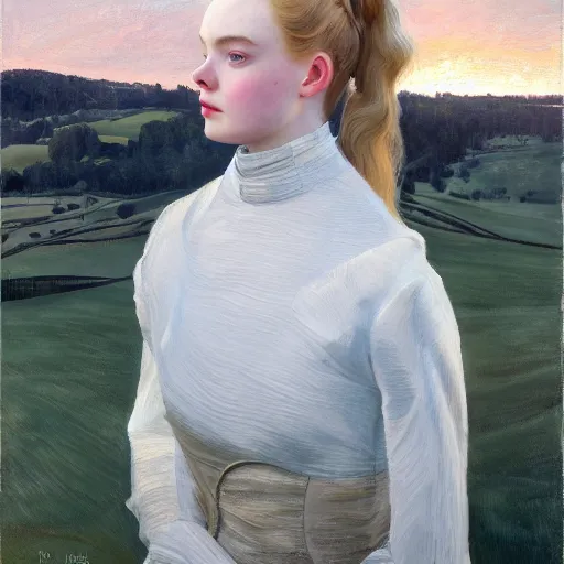 Prompt: Elle Fanning as an Android, oil on canvas, golden hour, in the world of Andrew Wyeth, artstation, by J. C. Leyendecker and Peter Paul Rubens,