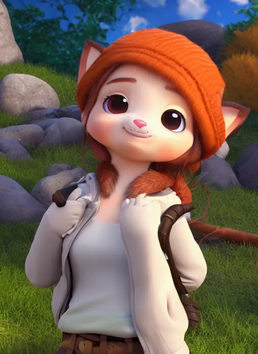 Prompt: female explorer mini cute girl, adoptable, highly detailed, rendered, ray - tracing, cgi animated, 3 d demo reel avatar, style of maple story and zootopia, maple story indiana jones, fluffy fox ears, dark skin, cool clothes, soft shade, soft lighting, portrait pose