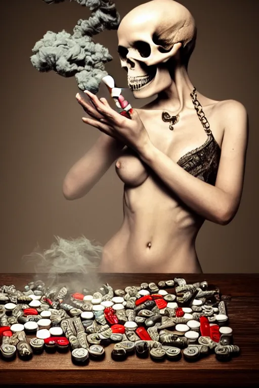 Image similar to beutifull and very tired womanlooking pile Off pills, drugs, cigarrette boxes on wooden table, skull made out of smoke coming out of pills, fantasy, intricate, elegant, highly detailed, digital painting, artstation, concept art, addiction, chains, smooth, sharp focus, illustration, art by Ilja Repin