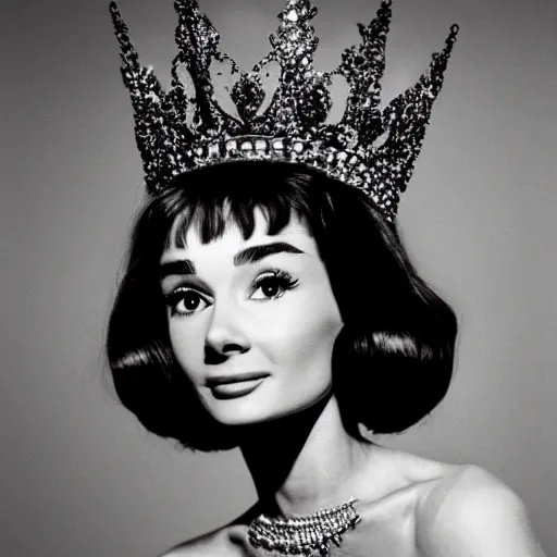 Image similar to portrait of audrey hepburn as a crowned queen, ultra realistic, canon 3 5 mm photography
