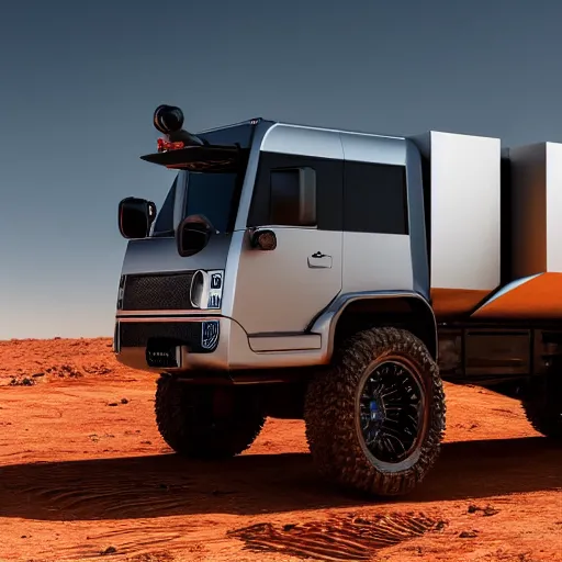 Image similar to 4 k hdr wide angle sony a 7 photo of a stainless steel shiny cybertruck surrounded by instagram model women on mars during a blue martian sunset