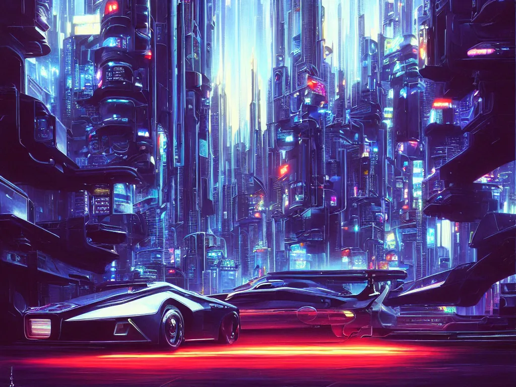 Prompt: hyperrealistic painting of a slice of life from a futuristic city, mechanical designs, night, technological, cinematic, cyberpunk scene, futuristic cars, sharp focus, cyberpunk style, highly detailed!!, realism, acrylic on canvas, 8 k resolution, octane, concept art, by noriyoshi ohrai, vincent di fate