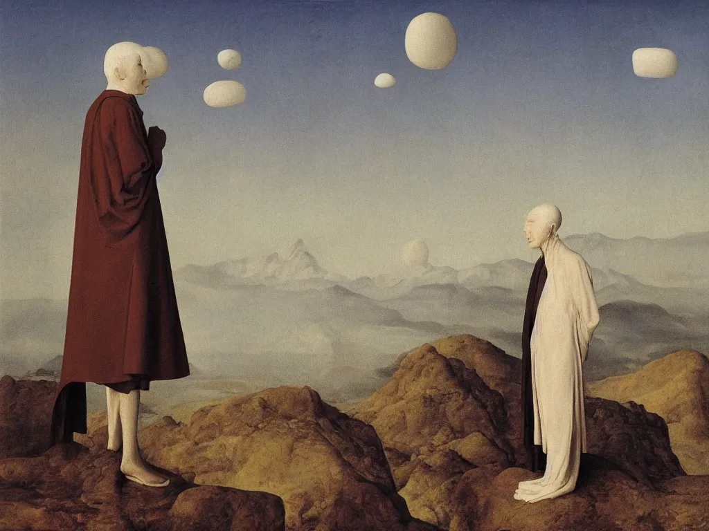 Image similar to albino mystic, with his back turned, looking at a hallucination over the desert in the distance. Painting by Jan van Eyck, Audubon, Rene Magritte, Agnes Pelton, Max Ernst, Walton Ford