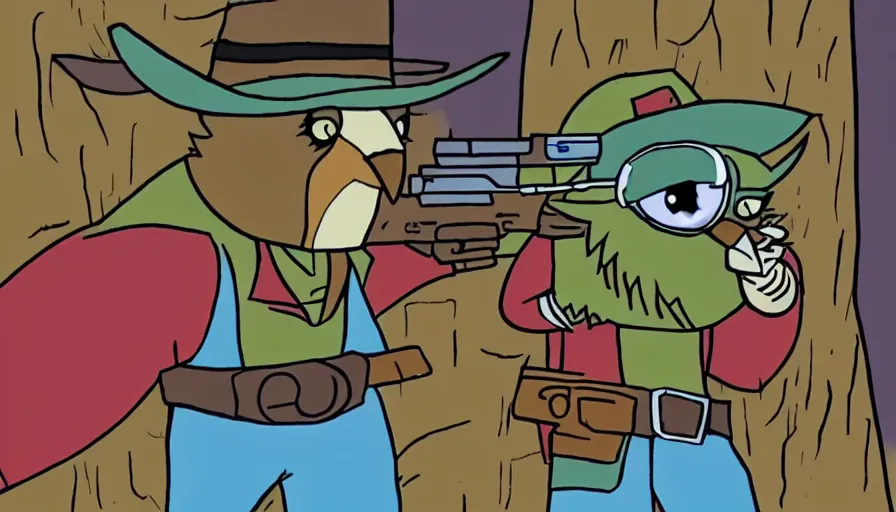 Prompt: saturday morning cartoon show about an wild west owl dressed up as a gunslinger vigilante with a eye mask, screenshot from 1990s animated show