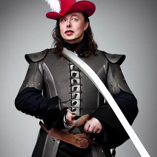 Image similar to photo of elon musk as a musketeer, he has a big black hat with a red feather, he is holding a shiny rapier sword and he is looking straight to the camera, gray background, studio lighting, 4 k, 8 k