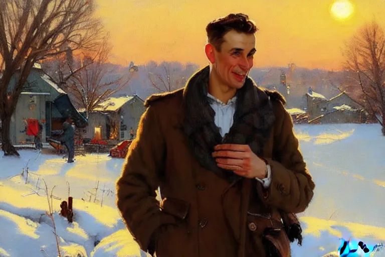 Image similar to attractive man chatting, winter, sunset, painting by vladimir volegov, norman rockwell, tom of finland, trending on artstation