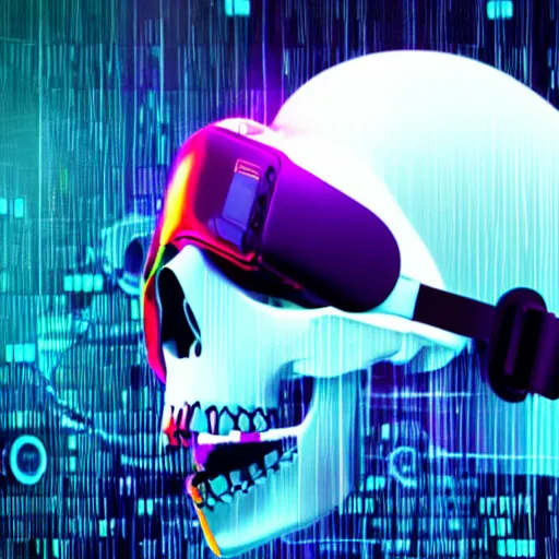 Prompt: a skull with a vr headset in a cyberpunk aesthetic, 4 k, with the word pixel written on the headset