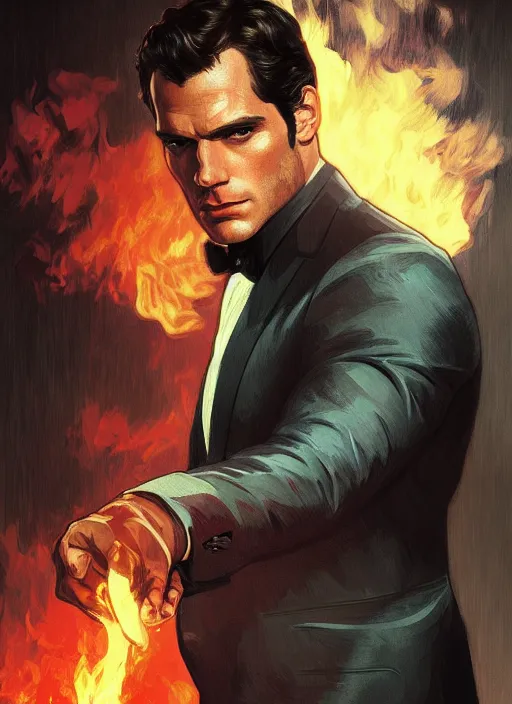 Image similar to portrait of henry cavill as james bond, fire, key art, palm trees, aston martin, highly detailed, digital painting, artstation, concept art, cinematic lighting, sharp focus, illustration, by gaston bussiere alphonse mucha