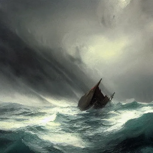 Image similar to an old sailboat in stormy waters at sea, epic fantasy art, digital art, by greg rutkowski and arnold bocklin, artstation