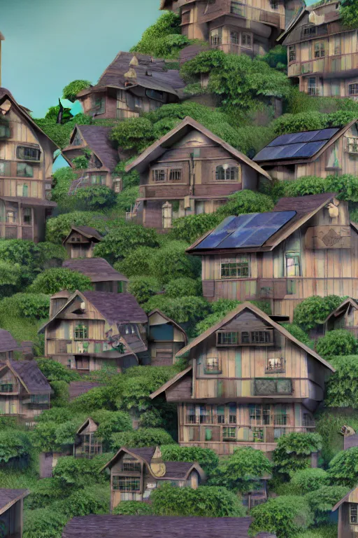 Image similar to stacked houses, solarpunk, francois schuiten, studio ghibli, octane render, 4 k