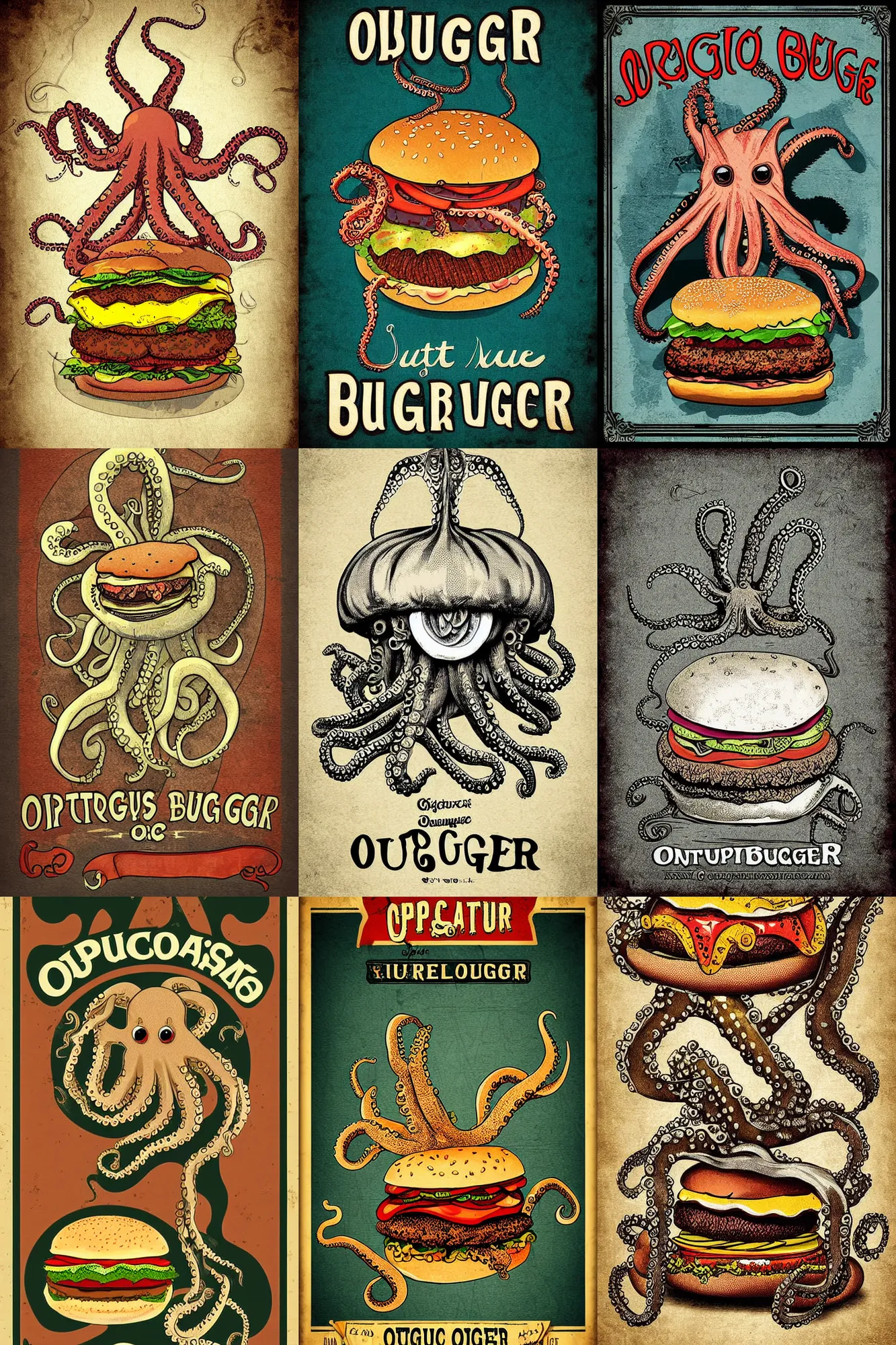 Prompt: digital illustration poster, octopus in a burger, antique vintage style, highly detailed