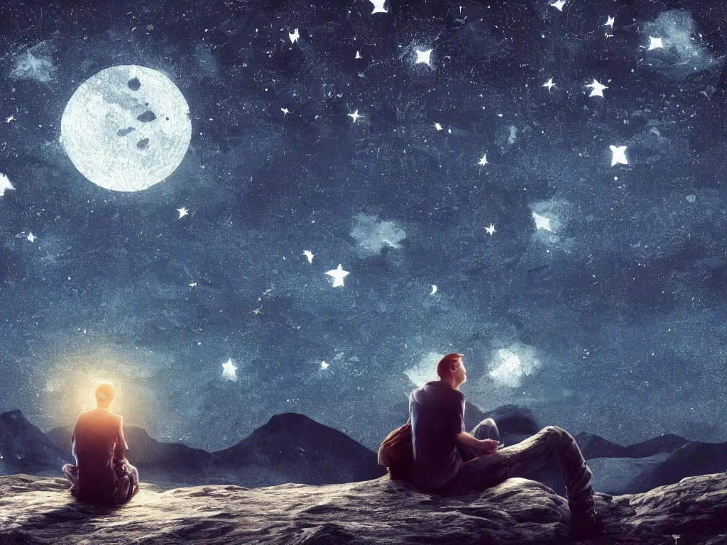 Prompt: A man sitting on the first quarter moon surrounded by a starry night sky, hdr, ue5, unreal engine 5, cinematic 4k wallpaper, ultra detailed, high resolution, artstation, award winning.