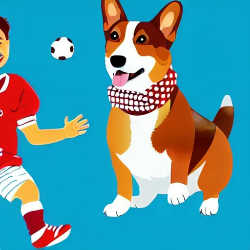 Image similar to illustration of french boy in paris playing football against a corgi who is wearing a polka dot scarf