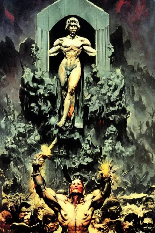 Image similar to Artwork by Frank Frazetta of the cinematic view of the Cenotaph of Ever-changing Blasphemy.