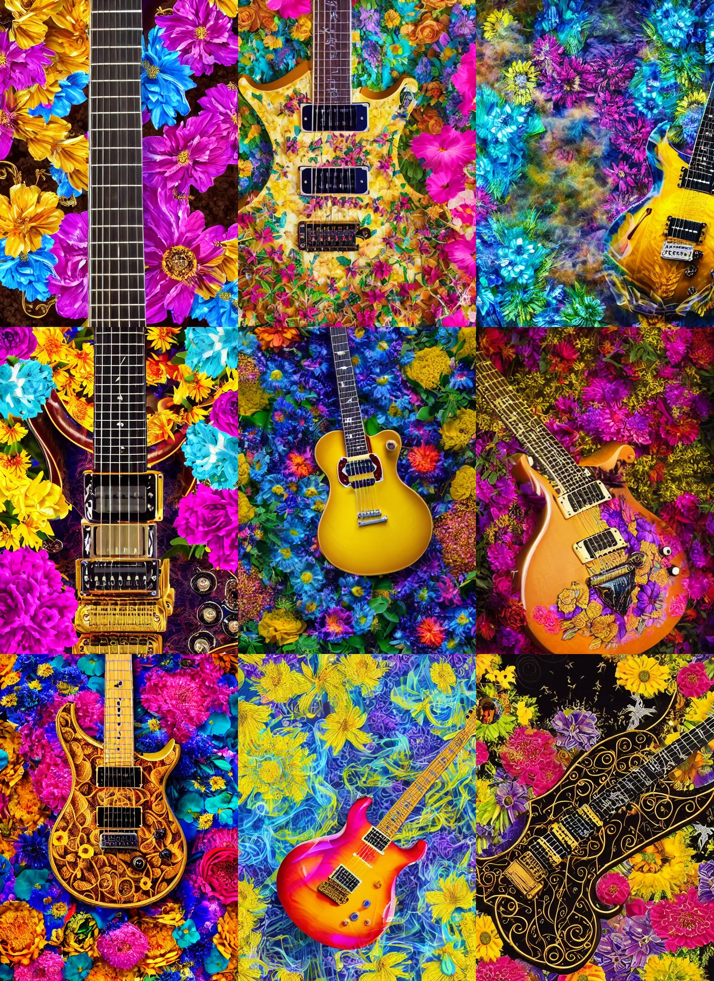 Prompt: high intricate detailed commercial photo of a prs electric guitar covered in colorful flowers and smoke, golden ratio, rule of thirds, majestic, elegant, by lea leonowicz, by maks trofimov, by jenny brozek, by johannes wessmark