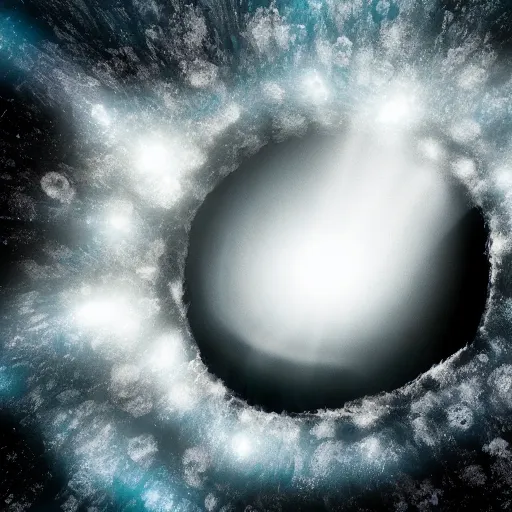 Prompt: black hole swallowing an ice planet, cinematic, stars, volumetric light, photograph, realistic, hyperdetailed