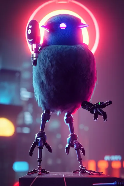 Image similar to high quality 3 d render very cute cyborg crow! sings into big microphone!, cyberpunk highly detailed, unreal engine cinematic smooth, in the style of blade runner & detective pikachu, hannah yata charlie immer, moody light, low angle, uhd 8 k, sharp focus