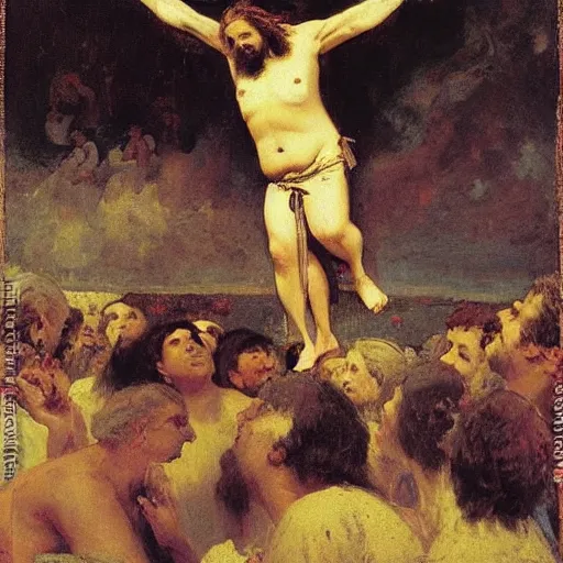 Image similar to morbidly obese jesus floating above a crowd of onlookers, by ilya repin