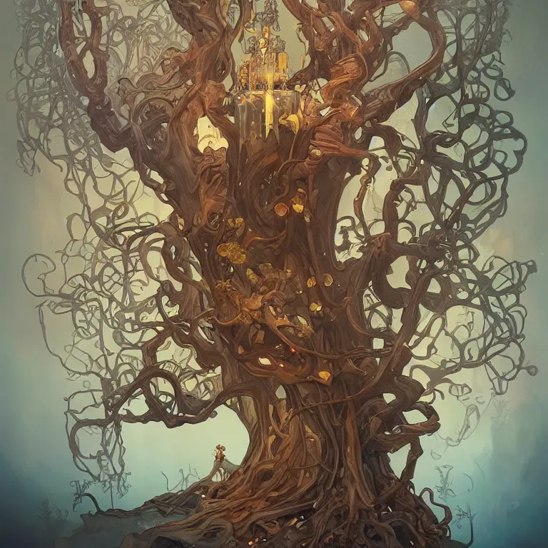 Prompt: a twisted tree of life growing from a mug of hot chocolate, concept art, by Peter Mohrbacher and Alphonse Mucha, detailed, style, 8k, trending on artstation, unreal engine 4k, detailed, clean background trending, full shot, symmetrical portrait, sophisticated, Unreal engine, dystopia, anti-utopia, post processing, psychadelic