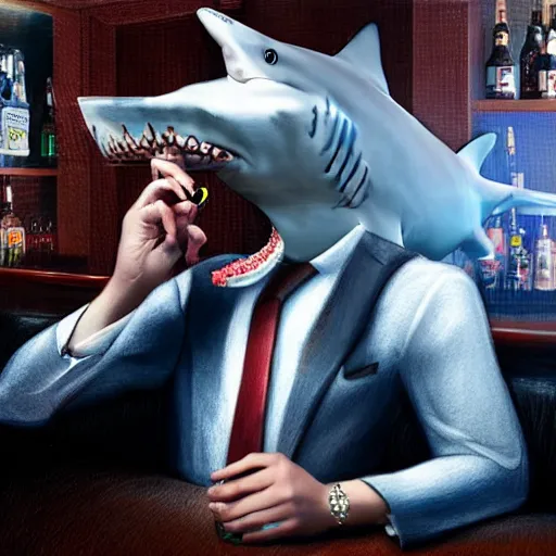 Prompt: a man with a shark head dressed in a suit, sitting at a bar and smoking hookah, photorealistic, artstation