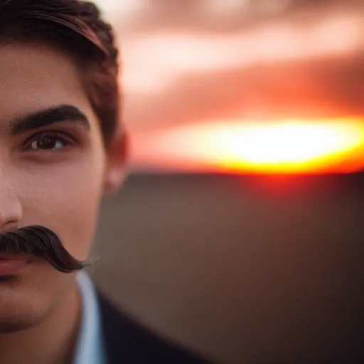 Image similar to closeup of a young gentlemen's face with a mustache, 4K, beautiful, sunset