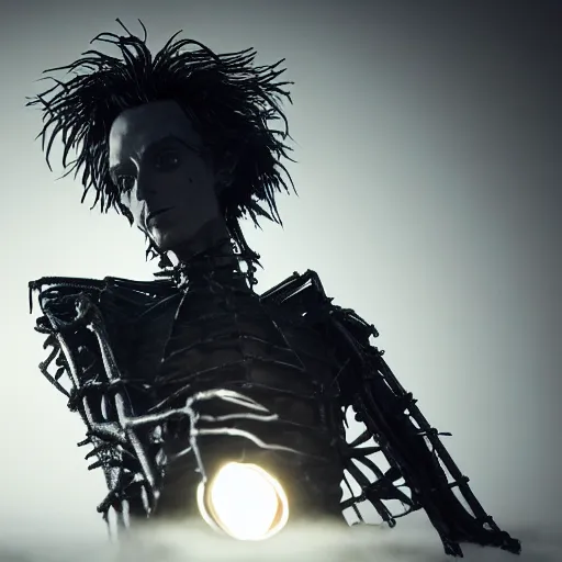 Image similar to full body pose, hyperrealistic photograph of edward scissorhands, dim volumetric lighting, 8 k, octane beautifully detailed render, extremely hyper detailed, intricate, epic composition, cinematic lighting, masterpiece, trending on artstation, very very detailed, stunning, hdr, smooth, sharp focus, high resolution, award, winning photo, dslr, 5 0 mm