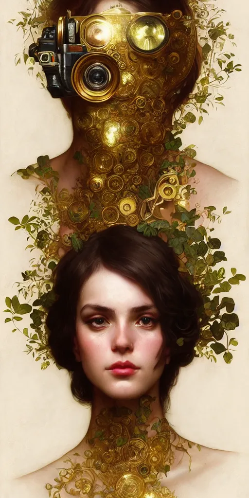 Image similar to hyper realistic photographer looking through a vintage medium format camera, design on white background, beautiful details, lush foliage cyberpunk, gold, drawn by john singer sargent, tom bagshaw, norman rockwell, alphonso mucha, lolish, trending on artstation