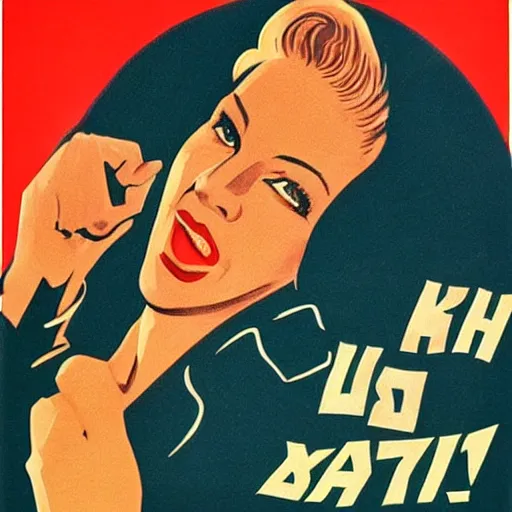 Prompt: soviet propaganda poster with cate blanchett calling on the world community to fight against Nazism, Ultra Detailed, soviet realism