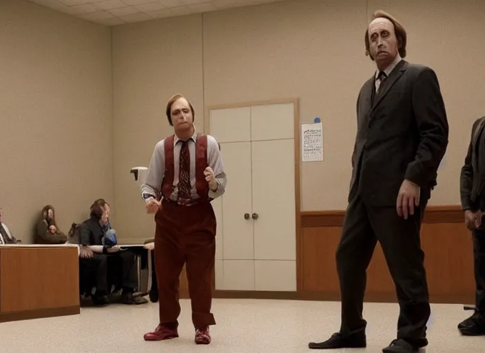 Prompt: saul goodman defending pennywise in court, still from better call saul, shot by wes anderson, symmetrical shot, beautiful shot