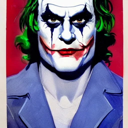 Image similar to photorealistic picture, comic cover by bob peak and alex ross about joaquin phoenix joker, gouache and wash paints, fine details, fine intricate, fine facial proportionate, fine body proportionate, smooth sharp focus, sharp focus