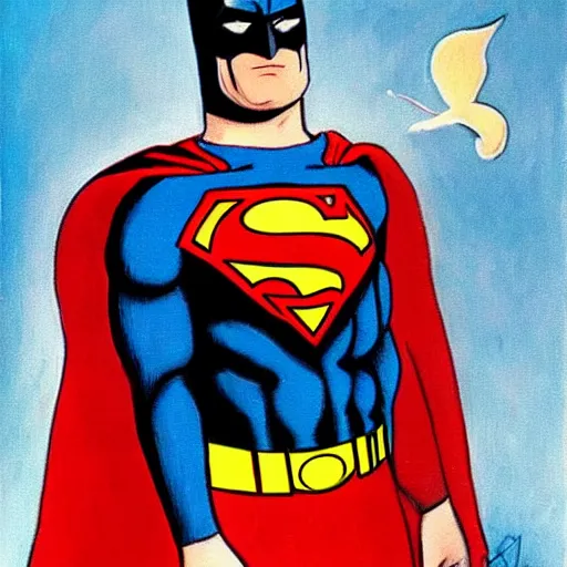 Prompt: Batman dressed as Superman, surrealism painting