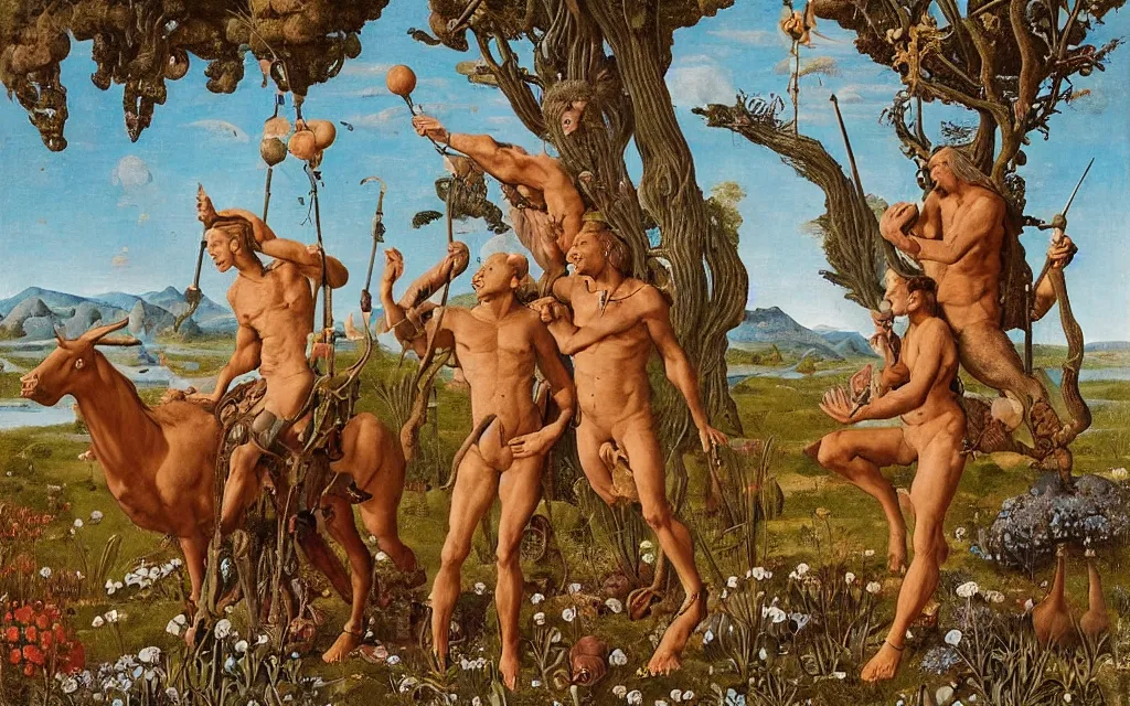 Image similar to a portrait photograph of a meditating satyr and a centaur monk riding a rocket machine and hunting at a river delta. surrounded by bulbous flowers and trees. mountain range under a blue sky of fiery stars. by jan van eyck, max ernst, ernst haeckel, ernst fuchs and artgerm, cgsociety, fashion editorial, 8 k