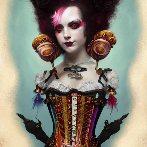 Image similar to photorealistic soft paint of a curiosities carnival, single young beautiful masqued dollpunk in a full steampunk corset, symmetry accurate features, ominous depths, elegance, focus, rainbow lighting, very high details, award winning masterpiece, behance, by tom bagshaw