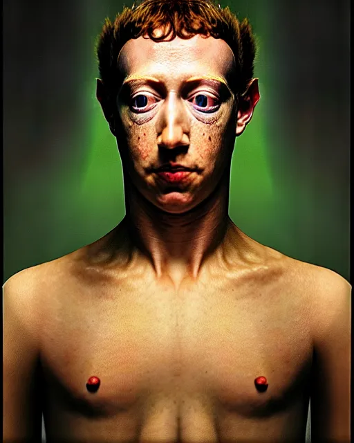 Image similar to colour caravaggio and denis villeneuve style hyperrealism photography portrait of highly detailed hyperralism mark zuckerberg reptilian wearing hyperrealism detailed solarpunk costume designed by alejandro jodorowsky and ridley scott. josan gonzalez. winkelmann, greg rutkowski, araki nobuyoshi