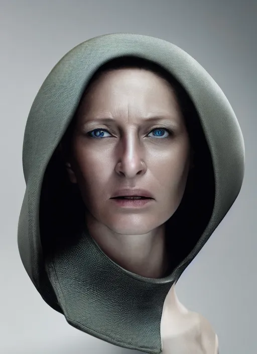 Prompt: hyper realistic and detailed closeup photo of a female android with hard surface panels and led lights by annie leibovitz