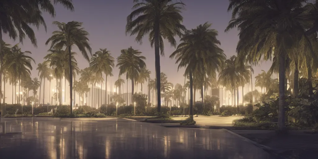 Image similar to a large building surrounded by palm trees at night, concept art by L. A. Ring, behance, modernism, playstation 5 screenshot, concept art, vray