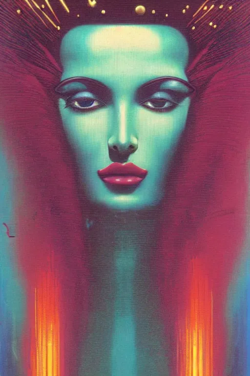 Image similar to 8 0 s art deco close up portait of miss of the world, rain like a dream oil painting curvalinear clothing cinematic dramatic cyberpunk textural fluid lines otherworldly vaporwave interesting details fantasy lut epic composition by basquiat zdzisław beksinski james jean artgerm rutkowski moebius francis bacon gustav klimt